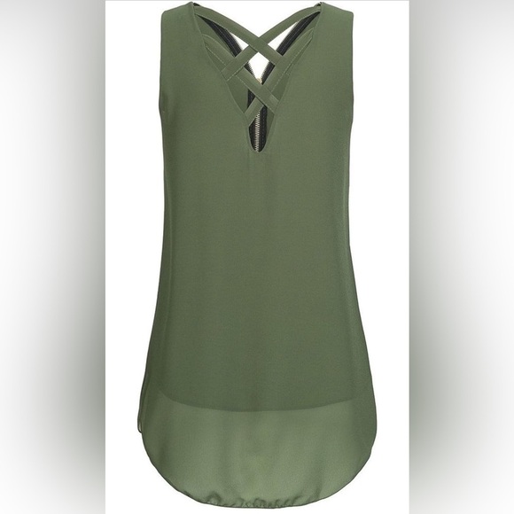 Women's Layed Zipper Back Cross Bandage Lace-Up Sleeveless Shirt Green L - Picture 2 of 3